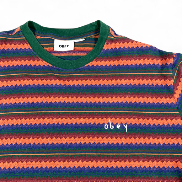 Obey Shirt Adult LARGE Green Striped Geometric Ringer Skate Streetwear Colorful - Picture 2 of 9
